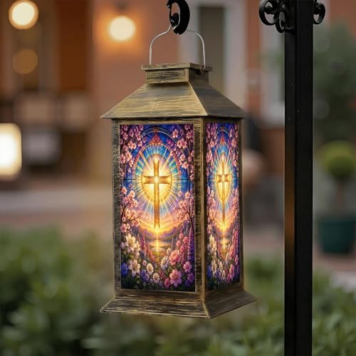 Solar Lantern Outdoor Waterproof Stained Glass Cross Radiant Light Spring Flowers Garden Decor LED Hanging Solar Lights Tabletop Lamp Gifts for Women Mom Outside Yard Patio Porch by DERUINVAIO