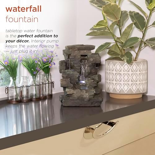 Alpine Corporation 13" Tall Indoor Tabletop Water Fountain, 4 Tier Cascading Water Feature with LED Lights for Home, Office, Living Room, or Zen Decor, Gray - Image 4