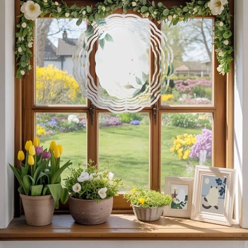 Wind Spinners for Yard Garden, Summer Green Botanical 3D Stainless Steel Round Hanging Spinners Indoor Outdoor Kinetic Yard Art,12 Inch, Watercolor Country Plant - Image 4