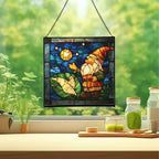 Gnome with Night Sky map Stained Glass Suncatcher – Square Hanging Window Panel for Home, Garden, Nursery, Halloween, Christmas, Memorial Day – Whimsical Glass Art Gift for Gnome Lovers uieqyf - Image 2