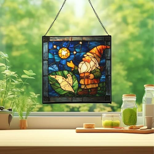 Gnome with Night Sky map Stained Glass Suncatcher – Square Hanging Window Panel for Home, Garden, Nursery, Halloween, Christmas, Memorial Day – Whimsical Glass Art Gift for Gnome Lovers uieqyf - Image 2