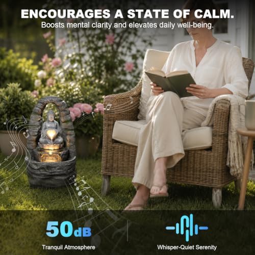 27.2" H Outdoor Water Fountain with LED Lights, Buddha Design Cascading Water Feature for Zen Garden Patio Backyard Porch Decor - Image 5