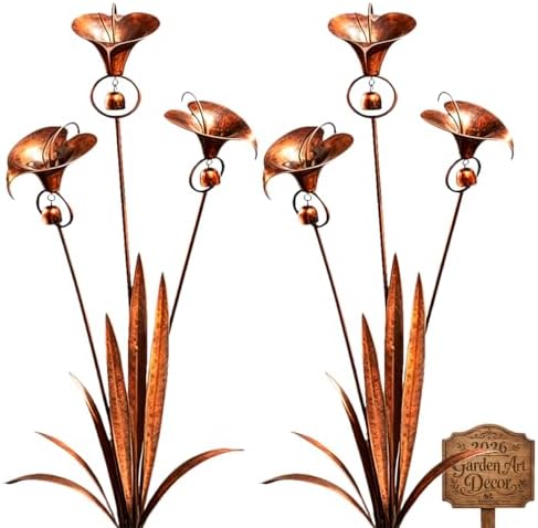 2026 Flamed Copper Three Calla Lilies Garden Stake with Bells, Handmade Metal Flower Rain Catcher Art Decor, Weatherproof Outdoor Yard Sculpture for Lawn, Patio and Pathway Decoration by Unknown