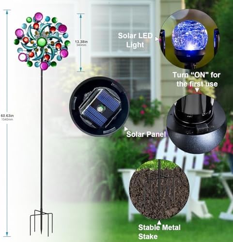 Colorful Solar Wind Spinner Outdoor Metal - 61" Geometric Kinetic Wind Catcher with Crackle Glass LED Light, IP65 Waterproof Yard Art Garden Decor for Patio Lawn Pathway, Unique Gifts for Women/Mom - Image 2