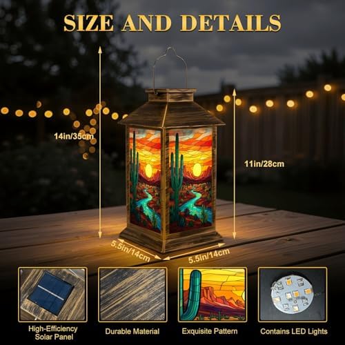Solar Lantern Outdoor Waterproof Desert Landscape Saguaro Cactus Flowing River Stained Glass Style Garden Decor LED Hanging Solar Lights Tabletop Lamp Gifts for Women Mom Outside Yard Patio Porch - Image 2