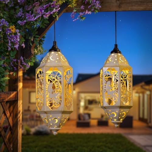 Big Outdoor Solar Lanterns Waterproof Garden Gifts for Women Mom Fairy Moon 12.4‘’ Metal Garden Lanterns Hanging Light for Patio Backyard Decorations, Mothers Day Birthday Gifts (Gold White,2Pack) - Image 6