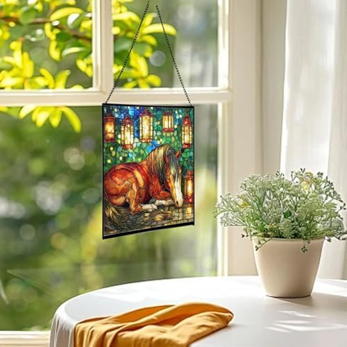 Bay Miniature Horse Curled Near Garden Lanterns Square Suncatcher – Stained Glass Style Window Panel with Pastoral Scene, Custom Decorative Hanging Art for Equestrian Home, Christmas GgGXzA - Image 3