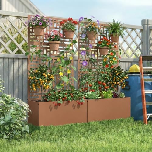 VINGLI 71"H Metal Raised Garden Bed with Trellis, Outdoor Planter Box for Climbing Vegetables, Fruits and Flowers, Privacy Screen, for Backyard, Patio, Balcony (Brown) - Image 2