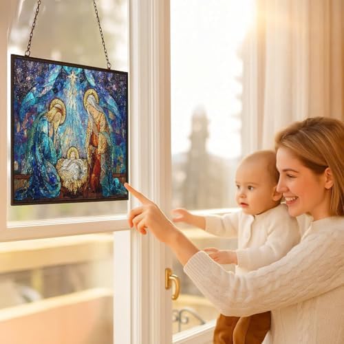 Rectangle Religious Christmas Nativity with Star Stained Glass Window Hanging Customized Suncatcher Glass Panel with Metal Chain Sun Catchers Wall Art Home Decor Gift for Women - Image 5