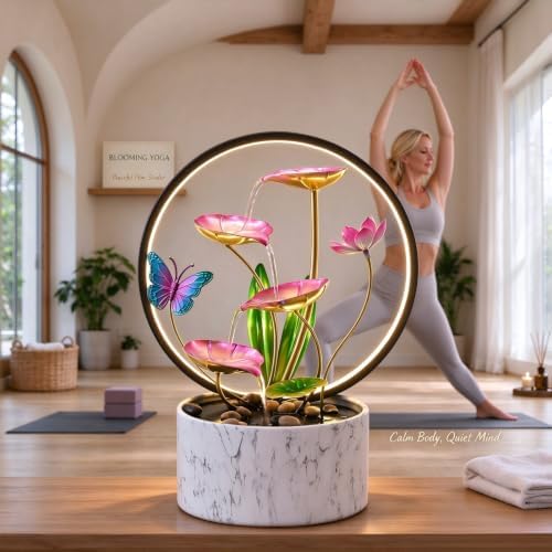 15 Inch H Tabletop Zen Water Fountain with LED Light, Indoor Lotus Waterfall Feature for Meditation Yoga Spa, Decor for Desk, Bedroom, Living Room & Office - Image 3