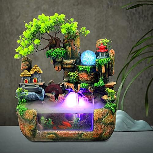 Tabletop Fountain Resin Indoor Home Decoration, 12LED Color Lights Waterfall Fountain 110V Desktop Fountain, with Atomizer, Small pots and Fish Tanks, Rockery Water Fountain for Bedroom Relaxation. by Unknown