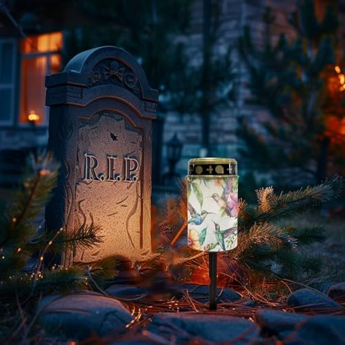 Poceacles Solar Lights Cemetery Solar Lights for Grave Solar Candle Solar Lantern Light Walkway Lights Waterproof Landscape Lighting for Loss of Loved One, Hummingbird Hibiscus Flower, Pack of 2 - Image 2