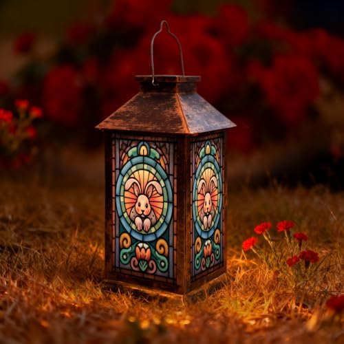 Solar Lantern Vintage Abstract Bunny Art Outdoor Waterproof Garden Hanging Lantern Solar Powered Lighting Outside Solar Light for Patio Yard Camping, Gifts for Women Mom by Unknown