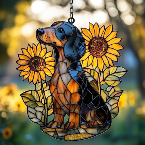 Sunflowers and Dog Acrylic Suncatcher by AVAGAN
