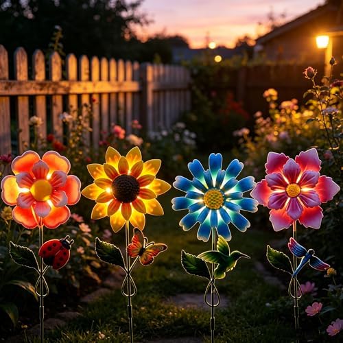 4 Pack Outdoor Solar Lights,Outdoor Waterproof Metal Art Stick Flowers,Garden Decor for Women Mom Grandma Halloween Hanging Metal Stakes Lights for Garden,Lawn,Patio - Image 4