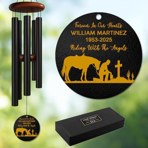 Personalized Cowboy Memorial Wind Chime – “Riding with The Angels” Custom Name & Years – Western Horse & Cross Design – Outdoor Sympathy Gift for Loss of Loved One – Remembrance Windchime by AlpadilCo
