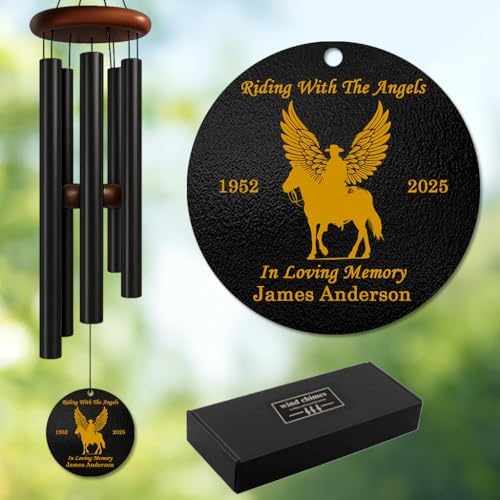 Personalized Cowboy Memorial Wind Chime – “Riding with The Angels” Custom Name & Years – Winged Horse Western Tribute Chime – Outdoor Sympathy Gift for Loss of Loved One, Ranch or Country Remembrance by AlpadilCo