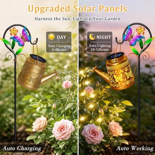 Solar Watering Can Lights Outdoor Garden Decor, Large Butterfly Hanging Lantern with Shepherd Hook, Waterproof Garden Lights for Outdoor Landscape Pathway Yard, Mom Grandma Gifts 1pcs - Image 2