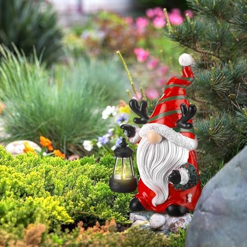 Suzile 2 Pack 9.4 Inch Gnome Statue Christmas Garden Decor with Solar Lights Resin Outdoor Christmas Decoration Figurine with LED Lantern Outside for Courtyard Lawn Patio Porch Housewarming Gift - Image 6