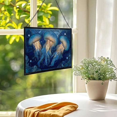 Jellyfish Floating in Moonlit Waters Rectangular Stained Glass Suncatcher – Hanging Window Panel with Animal & Nature Scene – Vibrant Glass Art Gift for Wildlife, Fantasy, Nature Lovers NMAUJn - Image 2