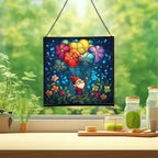 Flower Balloon Lift Gnome Stained Glass Suncatcher – Square Hanging Window Panel for Home or Greenhouse – Whimsical Glass Art Gift for Garden Lovers, Christmas, Halloween, Father Days XOHreA - Image 2