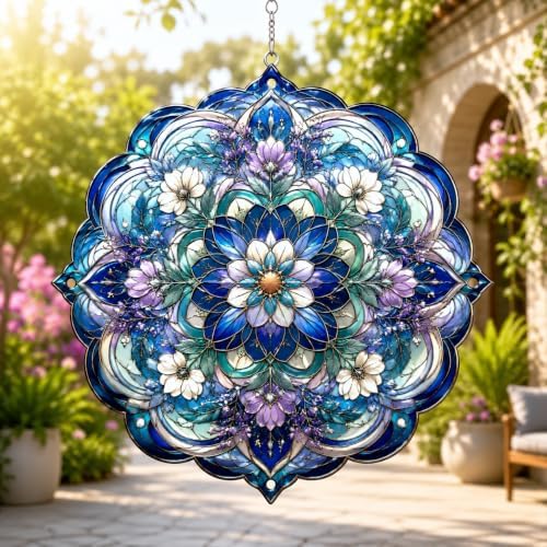 Shwing 12 Inch Wind Spinner Hanging Wind Sculptures Purple Blue Floral Metal Decor Double Sided Outdoor Kinetic Garden Art 3D Wind Spinner Hanging Ornament for Patio Porch Balcony Backyard Tree Decor by Unknown