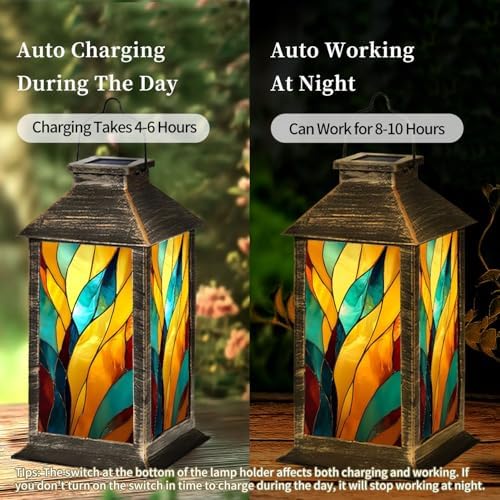 Solar Lantern Outdoor Waterproof Solar Powered Colorful Stained Glass Window Abstract Stained Glass Art Nouveau Hanging Lantern for Garden Patio Deck Yard Camping Tabletop Decor Lighting - Image 5