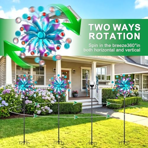 Solar Wind Spinner for Yard and Garden – 61 Inch Outdoor Metal Kinetic Sculpture with Multi-Color LED Glass Ball Light – Waterproof Windmill Stake for Patio, Lawn, and Pathway Decoration (Blue) - Image 4