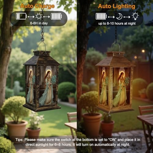 Solar Lantern Outdoor Garden Hanging Lantern Gothic Stained Glass Window Art Nouveau Saint Eucalyptus Waterproof Solar Powered Lighting Outside Table Lamp for Patio Deck Yard Camping - Image 4