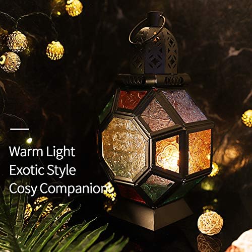 Lewondr Retro Iron Ramadan Candle Lantern, Portable Moroccan Wrought Iron Stained Glass Candle Holder Hanging Lamp Horse Light Wind Lantern for Home Decor Ramadan – Black + Colorful - Image 2
