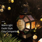 Lewondr Retro Iron Ramadan Candle Lantern, Portable Moroccan Wrought Iron Stained Glass Candle Holder Hanging Lamp Horse Light Wind Lantern for Home Decor Ramadan – Black + Colorful - Image 2