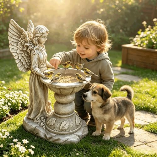 15.35" Angel Bird Bath Sculpture, Resin Garden Statue with Pedestal Bowl - Image 5