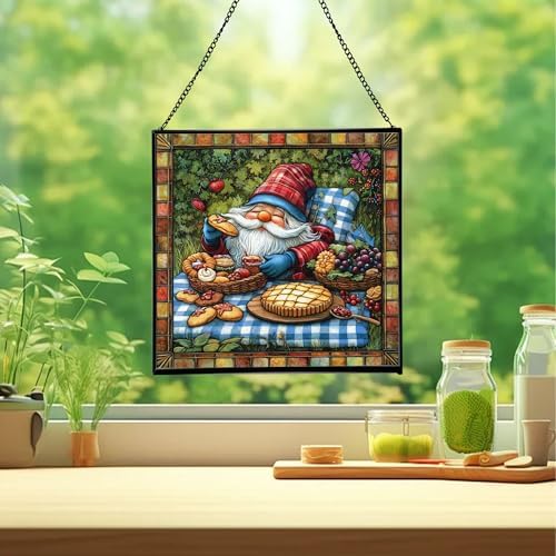 Baking Gnome Picnic Stained Glass Suncatcher – Square Hanging Window Panel for Home or Greenhouse – Whimsical Glass Art Gift for Garden Lovers, Christmas, Halloween, Father Days qiiejq - Image 2