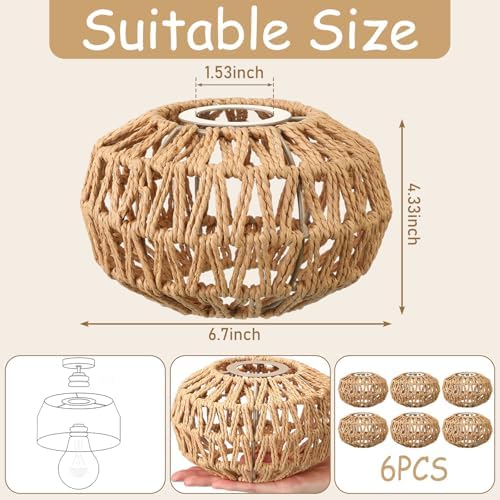 6 Pcs Small Rattan Lamp Shade Lantern Shape Boho Rattan Chandelier Shades Replacement Handwoven Hanging Light Shades for Table Floor Lamp Pendant Light Fixtures, 4.3" H x 6.7" D - Image 2