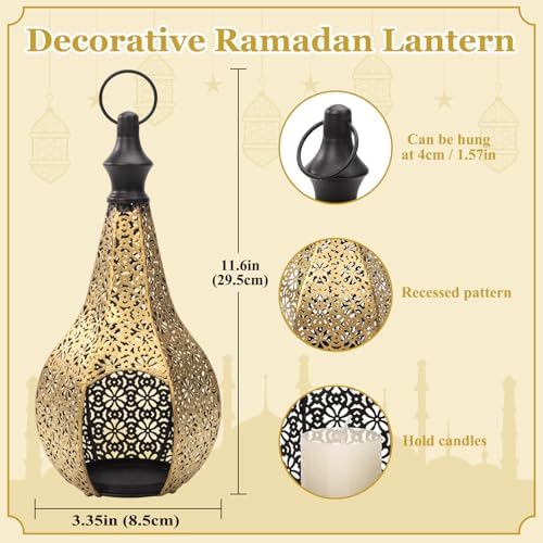 11.6in Moroccan Style Temple Lantern Ramadan Lamp Hanging Metal Candle Holders Decorative Festival Outdoor Patio or Porch Indoor Home Decor Gift Gold - Image 7