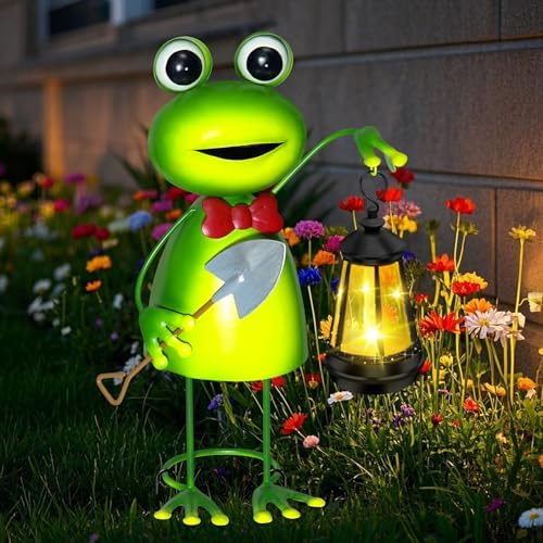 Solar Garden Lights 13.78in Tall Metal Frog Statue with Solar Lantern Decor by EDOF