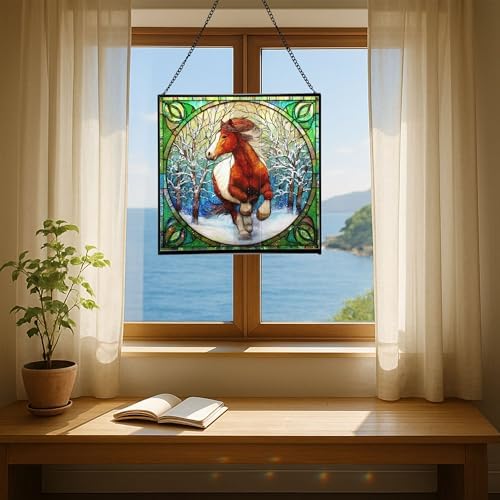Brown White Icelandic Horse cantering through winter orchard Square Suncatcher–Stained Glass Style Window Panel with Pastoral Scene, Custom Decorative Hanging Art for Equestrian Home, Christmas BfBVSD - Image 5