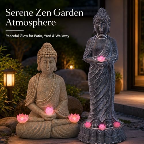 Solar Buddha Statue Outdoor Garden Decor, Zen Quaint Meditating Buddha Figurine with Lighted Pagoda, Weather-Resistant Resin Stone Sculpture for Patio Yard Walkway Lawn Ornament (#B) - Image 3
