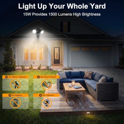 2 Packs 15W LED Flood Light Outdoor, 1500 Lumen Exterior Security Lights, 3000K/5000K Light, IP65 Waterproof, Dual-Head Wall/Eave Mount Flood Lights Energy Saving for Garage, Patio, Yard (Black) - Image 2