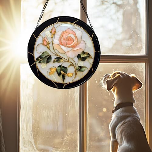 Pink Rose Stained Glass Window Hanging Suncatcher Gifts for Women 9.8" - Image 4
