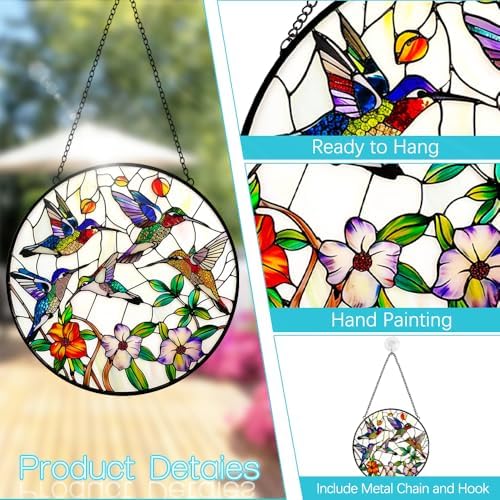 Hummingbird and Flowers Stained Glass Window Hanging - 8″ Hummingbird Suncatcher Indoor Window Hanging Decor Birds Ornaments with Chain and Hooks - Hummingbird Gifts for Women Mom Grandma Bird Lovers - Image 2