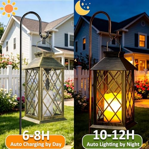 2 Pack 14" Large Tempered Glass Solar Lanterns Outdoor Waterproof, Bronze - Image 6