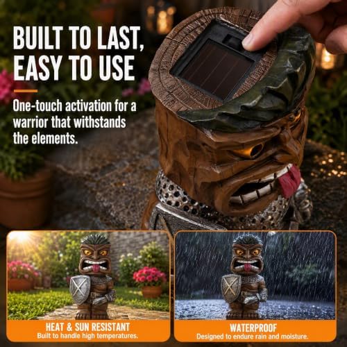 Solar Tiki Statue, Warrior with Sword & Shield, LED Eyes Outdoor Tiki Decor - Image 5