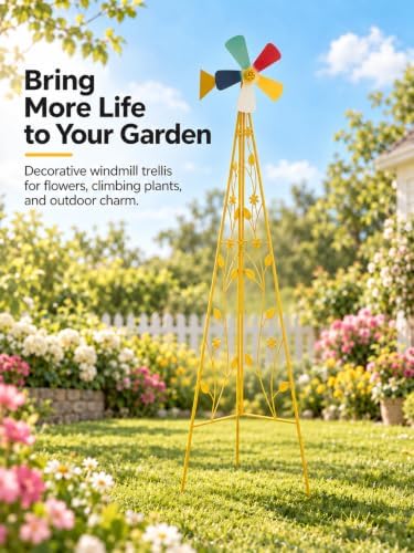 6FT Windmill for Yard Garden Decoration, Heavy Duty Outdoor Wind Mills, Large Metal Outdoor Windmill, Weather Resistant, with Weather Vanes, Yellow - Image 2
