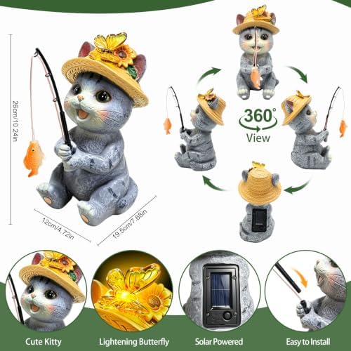 Solar Garden Cat Statues, Outdoor Fishing Cat with Butterfly Solar Lights - Image 2