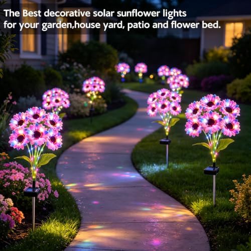 Solar Sunflower Lights Outdoor Garden Decor, 4 Pack Solar Multicolor Flowers Lights with 24 Sunflowers, Waterproof Fall Decor Stake Decorative Light Auto ON/Off for Garden Yard Patio, Gift for Women - Image 5