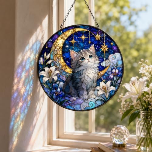 Custom Stained Glass Cat Suncatcher, Cat Window Hanging Ornament, Personalzied Pet Portrait Glass Art Decor Sun Catcher for Cat Lovers Cats Mom Birthday Pet Sympathy Gifts for Pet Owner 11.81" - Image 2