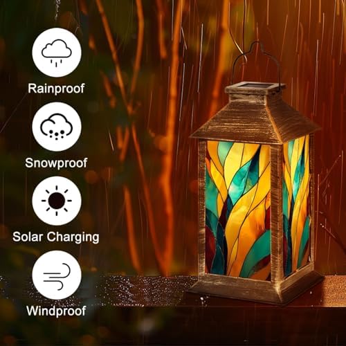 Solar Lantern Outdoor Waterproof Solar Powered Colorful Stained Glass Window Abstract Stained Glass Art Nouveau Hanging Lantern for Garden Patio Deck Yard Camping Tabletop Decor Lighting - Image 4