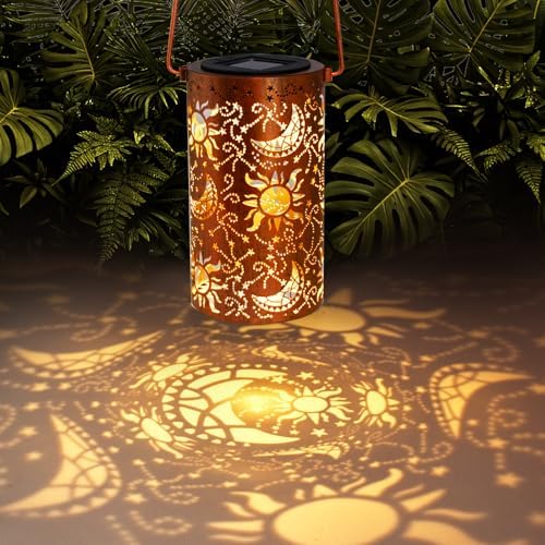 DIBIEECN Birthday Gifts for Women Mom Grandma Wife, Solar Lanterns Outdoor Waterproof, Metal Hanging Lights Garden Decor, LED Decorative Lantern for Patio Porch Backyard, Sun and Moon, 1 Pack by DIBIEECN