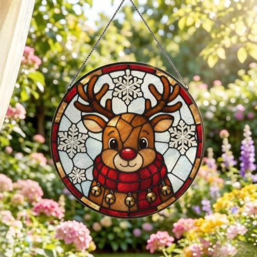Cute Christmas Reindeer Stained Glass Suncatcher 11.8" Colorful Window Hanging Ornament, Sun Catcher Decor for Bathroom Front Door Living Room Home Wall Garden - Image 2